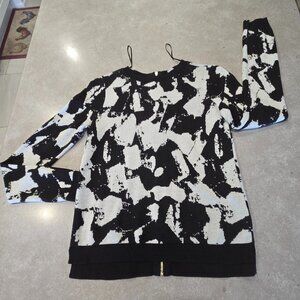 H&M Women's Graphic Print Long Sleeves Knit w/Back Zipper - Black/Cream - SML